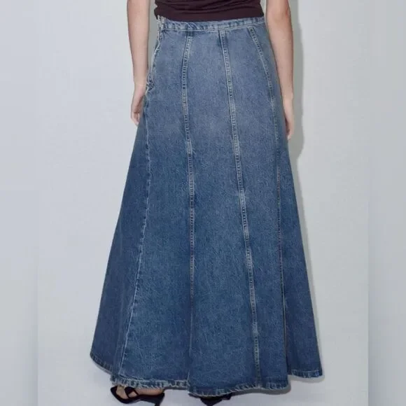 Zara Medium Wash Denim Maxi Skirt With Pockets Size Medium - Picture 8 of 8